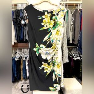 Ralph Lauren, Size 14P, Floral Black & White, Ruched Midi Dress